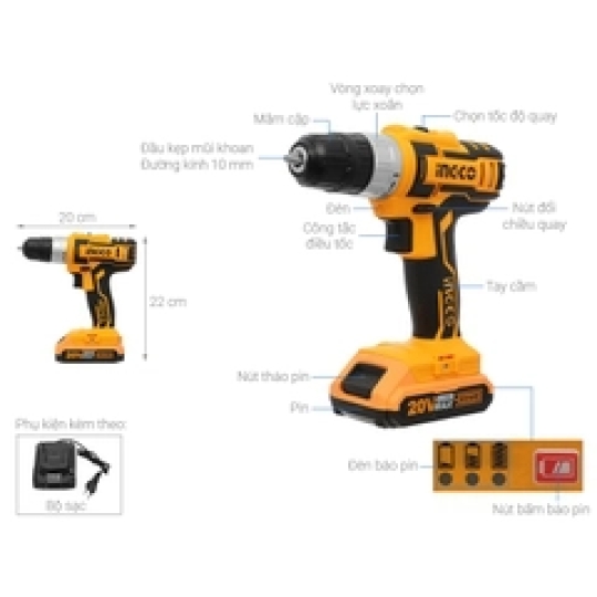 MÁY KHOAN PIN 20V KÈM 1 PIN 1 SẠC INGCO